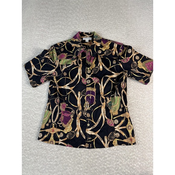 St John Sport Shirt Womens Medium Multicolor Equestrian Horse Button Front - Picture 1 of 6